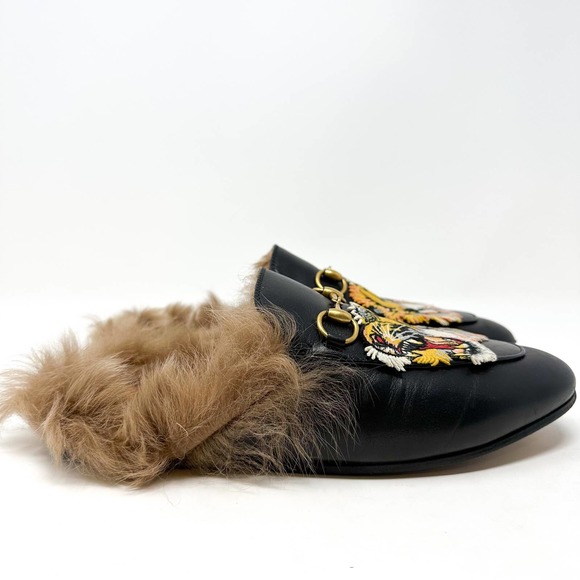 Gucci Princetown Tiger Fur Lined Round Toe Horsebit Canvas Flat Loafer Mules - Picture 2 of 13